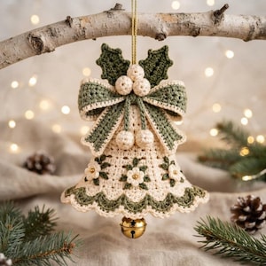 May include: A crocheted bell ornament in cream and sage green yarn. The bell features a sage green bow, three cream-coloured berries, and small floral motifs. A gold-toned metal jingle bell hangs from the centre, and a gold cord is attached to the top.