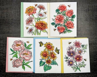 Garden Flowers Greeting Cards, Set of 5