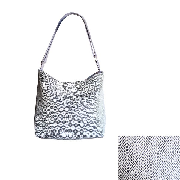 Hobo Bag Grey Off White Diamond Shape Navy Blue, Adjustable Strap Shoulder Bag