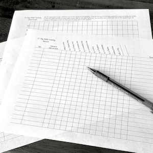 Op de afbeelding: Een zwarte balpen rust op een wit papieren formulier genaamd 21-Day ADHD Tracking Record. Het document heeft een rasterindeling met kolommen voor datum, medicatie, slaapkwaliteit, taakvoltooiing en diverse symptomen in zwarte inkt.