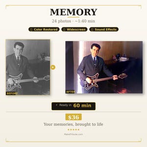 Puede incluir: Imagen que muestra un servicio de restauración de fotos. La imagen muestra una comparación de antes y después de una foto en blanco y negro transformada en color. El texto dice "MEMORY" y destaca características como la restauración del color y los efectos de sonido.