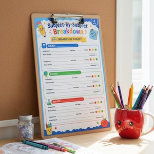 May include: A wooden clipboard holding a Subject-by-Subject Breakdown organizer sheet with colorful icons, alongside a red apple-shaped mug filled with colored pencils, a small glass jar of beads, and an open coloring book with crayons.
