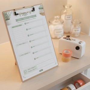 Könnte beinhalten: Ein hölzernes Klemmbrett mit einem gedruckten wöchentlichen Reinigungsplan mit grünen Akzenten und dem Text Page 4. Der Plan enthält Abschnitte für tägliche Aufgaben, wöchentliche Schwerpunkte, Notizen und Absichten. Ein Abroller und Klebeband liegen bereit.