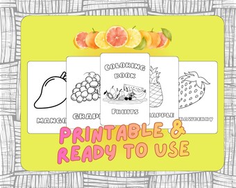 Libro para colorear de frutas vibrantes / Actividad educativa para niños en PDF / Páginas imprimibles de alimentos saludables / Aprendizaje artístico para niños pequeños