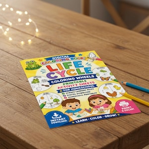 Può includere: Una copertina gialla per un libro da colorare digitale intitolata LIFE CYCLE COLORING WHEELS con illustrazioni dei cicli di vita di rana, farfalla e pollo. La copertina mostra due bambini che colorano, testo informativo e un'icona di stampante.