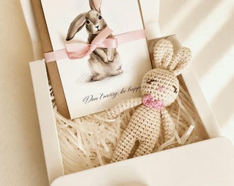 Set de regalo para recién nacidos / Caja de regalo con un lindo conejito / Conejito de ganchillo