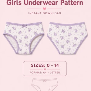 Könnte beinhalten: Ein Schnittmuster für Unterwäsche mit dem Text Girls Underwear Pattern, Instant Download, Sizes: 0 - 14, und Format: A4 - Letter. Das Bild zeigt zwei weiße Unterhosen mit violettem Blumenmuster und einer kleinen Schleife.
