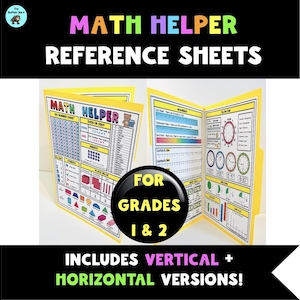 Może przedstawiać: Żółte arkusze referencyjne do matematyki z tekstem "MATH HELPER REFERENCE SHEETS" i "FOR GRADES 1 & 2". Arkusze zawierają wykresy, diagramy i przykłady pojęć matematycznych. Widoczny jest również tekst "INCLUDES VERTICAL + HORIZONTAL VERSIONS!"