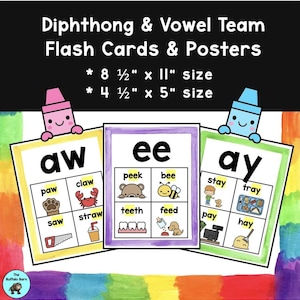 May include: Educational flash cards and posters for learning diphthongs and vowel teams. The cards are available in two sizes: 8.5" x 11" and 4.5" x 5". Each card features colorful illustrations and words like "aw", "ee", and "ay" with corresponding images.