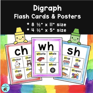 May include: Educational flash cards and posters for digraphs. The cards are 8 1/2" x 11" and 4 1/2" x 5" in size. The cards feature the digraphs "ch", "wh", and "sh" with corresponding words and illustrations. The background is a colorful rainbow.