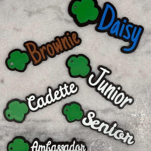 K&ouml;nnte beinhalten: Sechs individuelle Namensschilder mit einem gr&uuml;nen vierbl&auml;ttrigen Kleeblatt-Symbol und dem Text Daisy in Blau, Brownie in Braun sowie Junior, Cadette, Senior und Ambassador in Wei&szlig;. Jedes Schild hat einen schwarzen Rand und ein kleines Loch.
