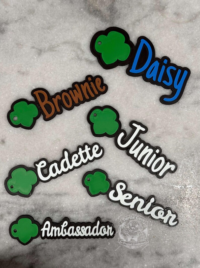 K&ouml;nnte beinhalten: Sechs individuelle Namensschilder mit einem gr&uuml;nen vierbl&auml;ttrigen Kleeblatt-Symbol und dem Text Daisy in Blau, Brownie in Braun sowie Junior, Cadette, Senior und Ambassador in Wei&szlig;. Jedes Schild hat einen schwarzen Rand und ein kleines Loch.