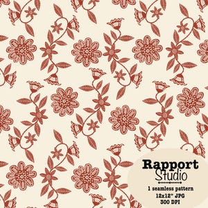 Retro Terracotta Floral Seamless Pattern, Vintage Botanical Digital Paper, Cottagecore Flower Print, Boho Surface Design JPG File