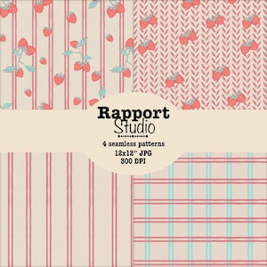 Strawberry Seamless Pattern Bundle – Cute Pink Stripe Fruit Digital Print for Fabric, Wallpaper and Digital Paper. Commercial Use.