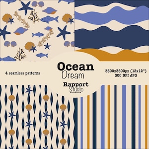 Pode incluir: Quatro padrões sem costura com tema oceânico. Os designs incluem estrelas do mar, conchas e peixes em azul e laranja sobre um fundo creme. Outros padrões apresentam ondas azuis e listras verticais. O texto "Ocean Dream" também é visível.