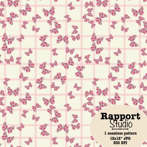 Pode incluir: Um padrão sem costuras com borboletas geométricas em tons de rosa, vermelho e azul-petróleo espalhadas sobre um fundo creme com uma grade rosa claro. Uma sobreposição circular exibe o texto: Rapport Studio, 1 seamless pattern, 12x12 inches JPG, 300 DPI.