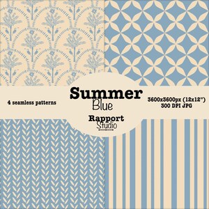 Pode incluir: Quatro padrões sem costura em tons de azul e creme. Os padrões incluem desenhos florais, geométricos e listrados. A imagem também inclui o texto "Summer Blue" e "Rapport Studio". As dimensões da imagem são 30,5 x 30,5 cm.