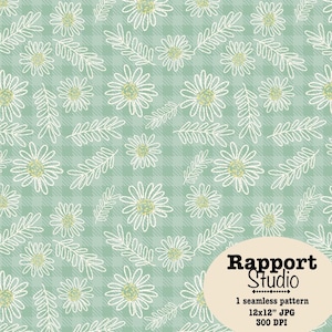 Daisy Seamless Pattern, Gingham and Daisy Background, Pastel Daisy Repeat Pattern, Spring Daisy Digital Paper, Floral Printable Pattern