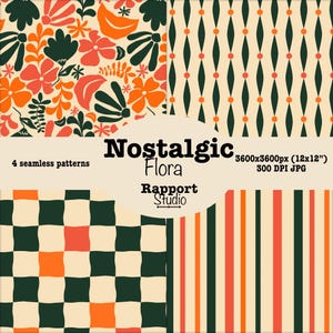 Nostalgic Flora Seamless Pattern Bundle, Groovy Floral Digital Paper Pack, Boho Pack, Autumn Design, JPG Commercial Use