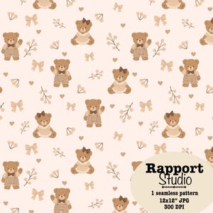 Patrón sin costuras de osito de peluche adorable, papel digital de osito bebé neutro, patrón minimalista para superficies de guardería, estampado para tela infantil.