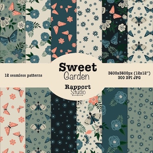 Pode incluir: Uma coleção de 12 padrões sem costura com desenhos florais e de borboletas em vários esquemas de cores. Os padrões incluem flores, borboletas e outros elementos botânicos. O texto "Sweet Garden" e "Rapport Studio" também são visíveis.