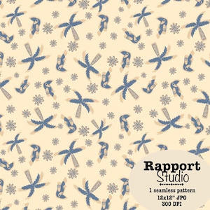 Pode incluir: Um padrão sem costuras com palmeiras azuis, tucanos e pequenas flores sobre um fundo creme claro. Uma sobreposição circular no canto inferior direito exibe o texto: Rapport Studio, 1 seamless pattern, 12x12" JPG, 300 DPI.
