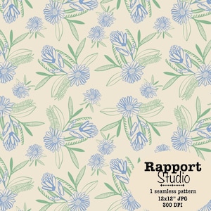 Blue Botanical Seamless Pattern, Minimalist Floral Digital Paper, Off-white Background, Cottage Garden Flowers, Surface Pattern Design JPG