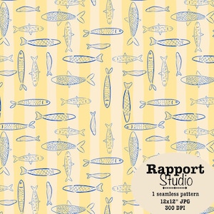 Coastal Fish Seamless Pattern, Blue Sardine Print, Nautical Stripe Design, Mediterranean Seafood Digital Paper, Sea Surface Design JPG File