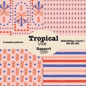 Pode incluir: Quatro padrões sem costura com tema tropical. Os padrões apresentam abacaxis, palmeiras e formas geométricas em tons de rosa, azul e laranja. A imagem inclui o texto "Tropical Vibe" e "Rapport Studio".