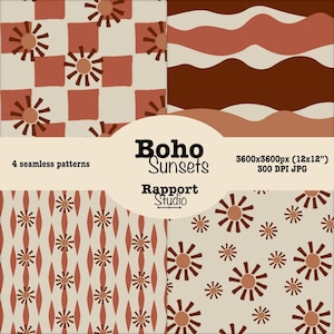 Pode incluir: Quatro padrões sem costura com um tema de pôr do sol boho. Os padrões apresentam desenhos repetidos de raios de sol, quadrados e linhas onduladas em tons de castanho e bege. A imagem inclui o texto "Boho Sunsets" e "Rapport Studio".
