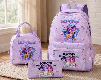 Kpop demonenjagers geïnspireerde Rumi, Mira, Zoey kinderrugzakset, 3-delige schooltas, lunchtas en etui, anime Kpop-cadeau voor meisjes
