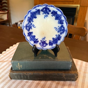 May include: A small, round, white ceramic saucer with a scalloped edge and a blue floral transferware pattern. The plate is displayed on a black plastic stand, which is resting on top of two stacked hardcover books.