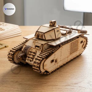 May include: A light-colored wooden model tank featuring a rotating turret, a main cannon, and detailed caterpillar tracks. The structure is composed of interlocking laser-cut wood pieces, showcasing a mechanical design with a visible Everplaza logo.