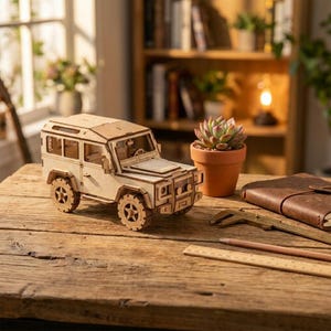 Puede incluir: Un modelo de madera de color claro de un vehículo todoterreno cuadrado con ruedas, ventanas y rejilla frontal detalladas. El modelo está colocado sobre una superficie de madera junto a un calibre, una regla de madera, un lápiz y una suculenta.