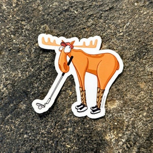 May include: A sticker of a cartoon moose wearing a red hat and holding a golf club. The moose is wearing brown and black patterned socks and has a surprised expression on its face.