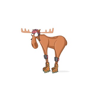 May include: A cartoon illustration of a moose wearing a pink helmet and rollerblades. The moose has large, expressive eyes and a wide smile. The moose is standing on a white background.