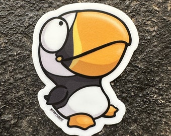 May include: A cartoon sticker of a white, black, and orange puffin with a large eye and the text "@FORTHOUSE" at the bottom.