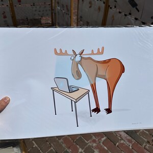 Moose Working on Laptop Computer (11&quot; x 17&quot;) Fine Art Print
