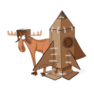 May include: A brown moose wearing a cardboard box on its head stands next to a cardboard rocket ship. The rocket ship has a window and is decorated with tape.