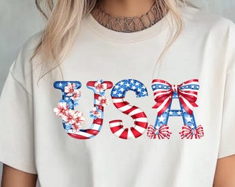 USA Patriotic Graphic Tee, Coquette Bow American Flag Shirt, 4th of July Independence Day Gift for Her