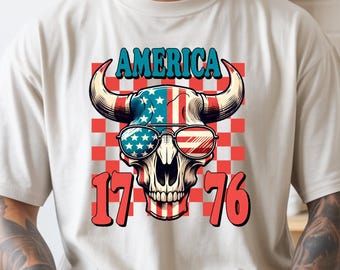 America 1776 Bull Skull Graphic Tee, Patriotic Western USA Independence Day Shirt, Retro American Flag Cow Skull Gift