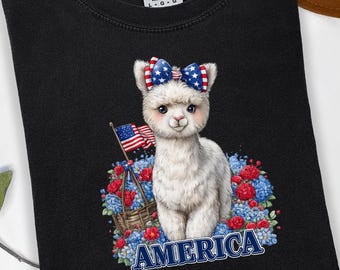 AMERICA Alpaca Shirt, Patriotic 4th of July Graphic Tee, Cute Floral Usa Animal Gift for Her