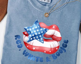 Red White and Boojee Graphic Tee, Patriotic Lips Star Shirt, 4th of July Independence Day Gift