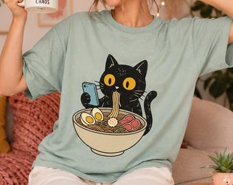 Black Cat Ramen Graphic Tee, Kawaii Anime Noodle Bowl Shirt, Funny Cat Lover Gift, Ramen Lover Present