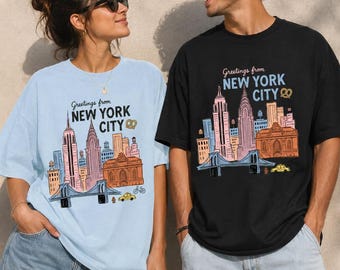 Greetings From New York City Graphic Tee, Retro NYC Skyline Travel Shirt, Big Apple Souvenir Gift for Traveler