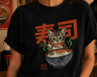 Sushi Cat Graphic Tee, Kawaii Japanese Food Lover Shirt, Funny Kitten Eating Sushi Gift for Cat Mom