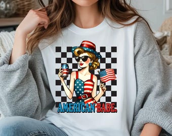 American Babe Graphic Tee, Patriotic Pinup Girl Shirt, 4th of July Independence Day Outfit, Retro USA Flag Gift