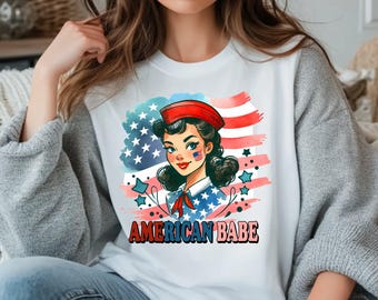 American Babe Patriotic Graphic Tee, Retro Pinup Girl USA Shirt, 4th of July Independence Day Gift for Her