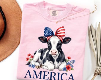 AMERICA Calf Graphic Tee, Patriotic 4th of July Shirt, Cute Farmhouse Independence Day Gift for Her