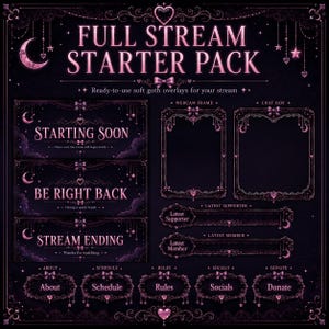 May include: A digital art graphic for streamers, with a dark purple background and pink accents. The text reads "FULL STREAM STARTER PACK" and includes overlays for "Starting Soon," "Be Right Back," and "Stream Ending." Also includes webcam and chat box frames.